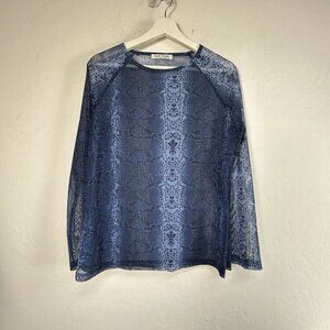 Kate Kasin Womens Snakeskin Print Long Sleeve Mesh Top XL Blue Sheer Crew Neck